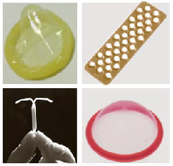 Métodos contraceptivos: camisinha, pílula, DIU e diafragma.